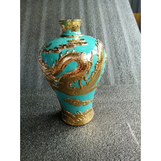 Turquoise‑Glazed Gold‑Traced Relief Dragon‑Pattern Plum Vase