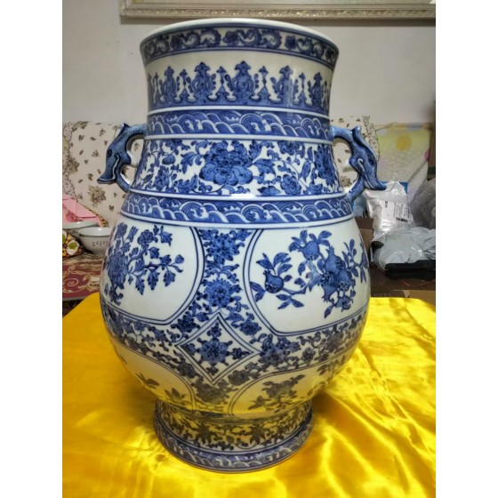 Blue and White Elephant-Eared Vase with Eight-Sided Window Flower and Fruit Pattern